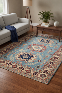 Alfombra de Lana Azul Claro Anudada a Mano, Estilo Kazajo, con Patrones Geométricos Tribales, Florales y Abstractos, para Adolescentes y Pasillos - Product Image 2