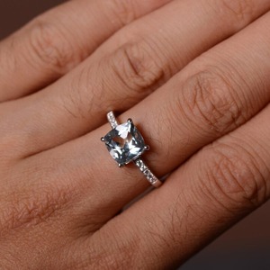 Anillo de compromiso y promesa de Aguamarina natural para mujer, joyería fina de plata con corte de cojín Vintage para boda y fiesta - Product Image 6