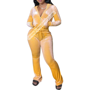 Custom <b>Velour</b> <b>Tracksuit</b> Mustard Yellow Flared Pants and Cropped Hoodie Activewear Set for <b>Women</b> Stylish and Comfortable for Sale - Product Image 1