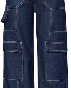 Pantalones Vaqueros Cargo de Pierna Ancha Color Índigo Oscuro para Mujer, Cintura Alta, Bolsillos Utilitarios, Costuras en Contraste, Ropa Urbana, Suministro del Fabricante, OEM - Product Image 5