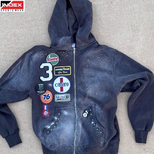 Sudadera con Capucha y Cremallera para Hombre, Diseño de Parches, Algodón French Terry, Estilo Deportivo, Otoñal, Corte Regular - Product Image 1