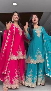 ชุดงานเลี้ยงสไตล์อินเดียมาใหม่ คอลเลคชั่นชุดผ้าจอร์เจตต์เนื้อหนา ปักด้วยด้ายและเลื่อม พร้อมเสื้อท่อนบน ชาราร่า และผ้าคลุมไหล่ - Product Image 2