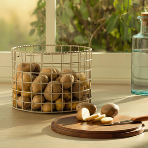 Kitchen Food <b>Storage</b> <b>Basket</b> with Wooden Lid Metal <b>Basket</b> and wood board Chopping & Cutting for Fruits & <b>Vegetables</b> organizer - Product Image 1