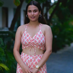 Camiseta sin mangas con estampado de bloque de mano de algodón puro con pantalones de pierna ancha para mujer, traje de playa de verano, novedad - Product Image 1