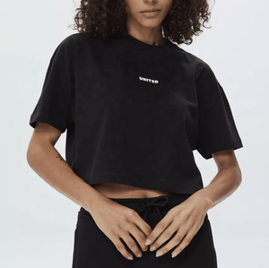 Camisetas Cortas Oversize de Algodón para Mujer, Estilo Urbano, Manga Acampanada, Logotipo Personalizado Impreso, Color Liso, Corte Holgado - Product Image 3