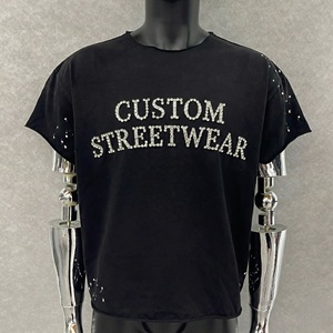 Custom Screen Print Raw Cut Collar Tee Heavyweight Boxy Gemstone Tshirt Sun Faded Acid Wash Raw Hem Splatters T Shirt - Product Image 1