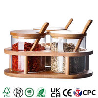 Ensemble de 3 pots à épices en verre avec support en bambou, couvercles en bois et cuillères – Vente en gros pour la cuisine