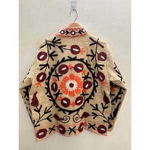 Anaar Bagh <b>Reversible</b> Suzani Embroidered Cotton <b>Jacket</b> for Ladies Finished Product Bomber Ivory Maroon Marigold Blooms Spring - Product Image 3