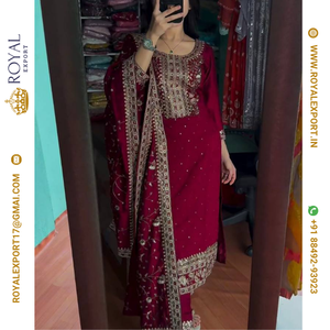 Lancement de la nouvelle collection de hauts et bas en soie chinon pure, lourde et de haute qualité, brodés, lavables, à motifs floraux indiens fantaisie, pour occasions spéciales. - Product Image 2