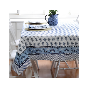 Sustainable Trending Drop Shipping Classic Blue Floral Printed Cotton Linen <b>Tablecloth</b> Woven Washable Home Use 60x120 Inches - Product Image 2