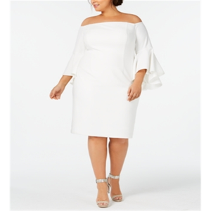 Robe en crêpe Calvin Klein pour femmes grandes tailles, épaules dénudées, blanche, tailles 22W XL 5XL, longueur genoux, taille naturelle - Product Image 1