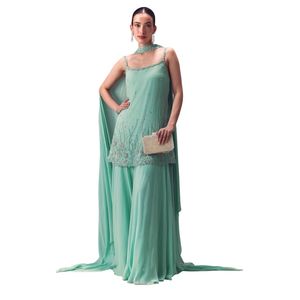 Mare verde Kurta Sharara Set con girocollo Dupatta vivace festa di nozze indossa abiti da donna di design etnico per le occasioni Festive - Product Image 1