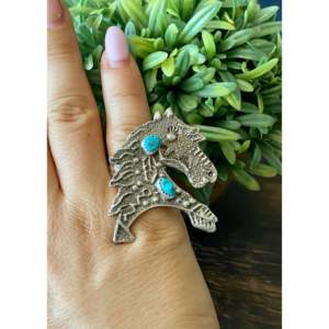 Bague Cheval en Turquoise Kingman et Argent Sterling Delbert Arviso, Sertissage Ajustable en Tufa, Taille 6.5, Cadeau - Product Image 2