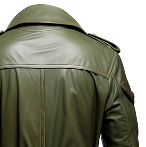 Camisa de piel de oveja genuina verde oliva para hombre, abrigo largo clásico con múltiples bolsillos de longitud media y cinturón, abrigo de cuero personalizado largo para hombre - Product Image 6