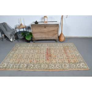 พรมตุรกีทำด้วยมือสีเบจส้มคลาสสิกขนาด4.5x7.4ฟุตทรงสี่เหลี่ยมโถงทางเดินสำหรับทางเข้าห้องนั่งเล่นพรมข้างเตียง - Product Image 1