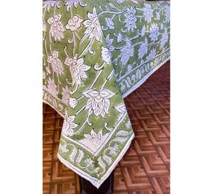Mantel de Algodón 100% Puro Estampado a Mano con Diseño de Hierbas Verdes, Estilo Indio con Ribete, para Decoración de Casas de Campo, Bodas, Restaurantes y Hogares - Product Image 1
