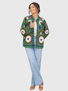 Veste en velours brodée à la main avec des motifs floraux, manches longues, col mandarin, taille plus, vêtements d'automne pour femmes - Product Image 1