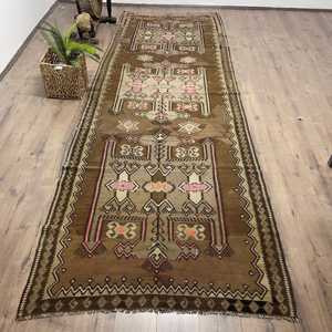 Kilim Vintage Rug, 4.1x12.2 ft Turkish Rug, <b>Brown</b> Floral <b>Wool</b> Rug - Product Image 1