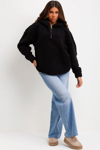 Sudadera con capucha de lana de peluche para mujer más vendida, sudaderas con capucha de entrenamiento con cuello de media cremallera negras personalizadas bordadas para la temporada de invierno - Product Image 3