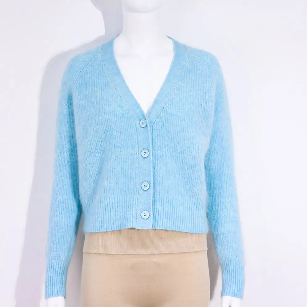 Solid Basic Custom Simple Blue V-Neck Knitted Cardigan Women's Sweaters For Girls Women Cardigan Sweaters