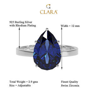 แหวนเงินแท้ 925 รุ่น CLARA รูปทรงหยดน้ำสีน้ำเงินรอยัล พร้อมวงแหวนปรับขนาดได้ ชุบโรเดียม ประดับเพชรทรงลูกแพร์จากสวิสเซอร์แลนด์ เหมาะเป็นของขวัญสำหรับผู้หญิง - Product Image 5