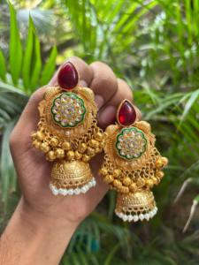 Premium Quality Brass Base Monalisa Stone Lightweight Fusion Gold <b>Jhumkas</b> For Women Perfect For Wedding, Festive Occasions - Product Image 5