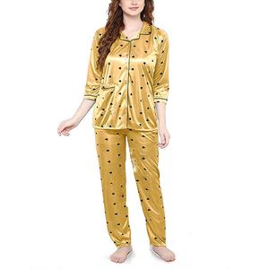 2025 colección de invierno pijamas de satén de manga corta para mujer ropa de dormir suave Cierre de botón amarillo azul patrón sólido al por mayor - Product Image 4