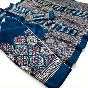 Sari estampado de seda japonés Semi Gajji elegante con blusa estilo Bollywood suave y ligero para apariencia festiva diaria y de oficina - Product Image 5