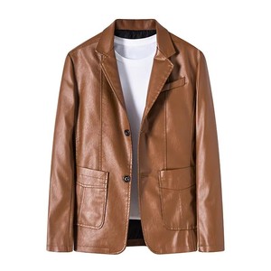 PU Leather Blazer Casual Single Button Suit <b>Coat</b> Fit Lapel Jackets for Men Stylish Faux outdoor casual Quilted leather jackets - Product Image 5