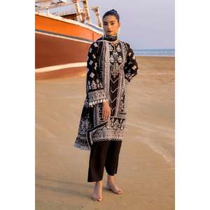 Ensemble de 3 pièces non cousues en tissu lawn pour femme, noir et blanc, qualité supérieure - Product Image 2