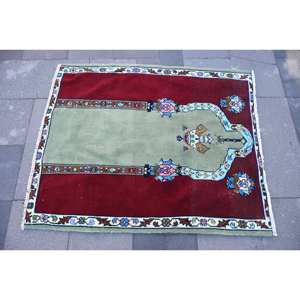 Alfombra de lana turca Vintage alfombra islámica verde roja 3,3X3,9 pies diseño de retazos para decoraciones de sala de estar látex de 10mm de espesor - Product Image 3