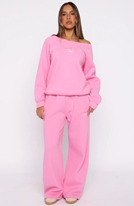 Ensemble de survêtement long à épaules tombantes pour femme, 2 pièces, uni, brodé, couleur bubblegum, pour l'hiver - Product Image 5