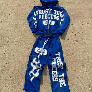 Conjunto Deportivo Y2K con Lavado Ácido, Sudadera con Bordado Desgastado y Apliques, Pantalones Deportivos Acampanados, Conjunto de Felpa Francesa Gruesa - Product Image 1