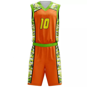 Uniforme de Baloncesto Sublimado Personalizado, Camuflaje Naranja y Verde, 100% Poliéster, Cuello en V, Sin Mangas, Secado Rápido, Conjunto de Jersey Unisex para Adultos - Product Image 1