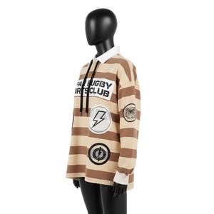 Camiseta de Rugby para Mujer, 280 GSM, Jersey de Algodón Grueso, Color Marrón Beige con Paneles a Rayas, Sudadera con Capucha, Logotipo Personalizado con Serigrafía - Product Image 4