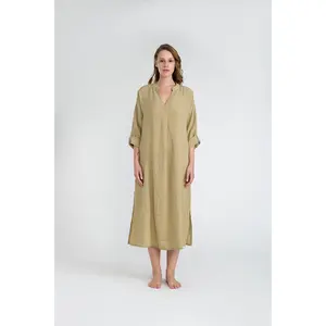 Richter Kragen Pure Leinen lange Tasche Kleid für Frauen Premium-Qualität aus der Türkei S-M-L-XL