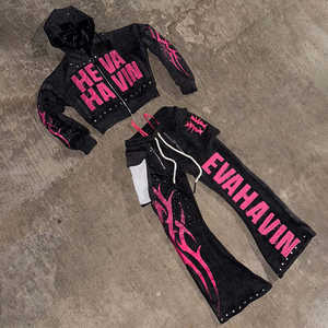 Ensemble de survêtement unisexe personnalisé streetwear grande taille : sweats à capuche et pantalons évasés superposés, vente en gros, ensemble deux pièces, pantalon 3D, pour homme - Product Image 2