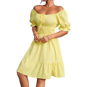 Vestido elegante con dobladillo fruncido y cuello cuadrado liso de línea A de verano para mujer, vestidos cortos de manga abullonada para mujer - Product Image 6