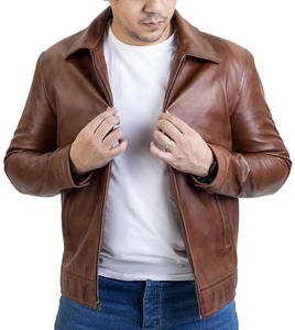 Veste en cuir de vachette véritable à col polo, qualité supérieure, style vintage, délavé, pour hommes - Product Image 1