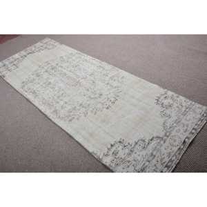Turkish Vintage Runner Rug 3x7,<b>9</b> ft, Gray White Plants & trees Rug - Product Image 4