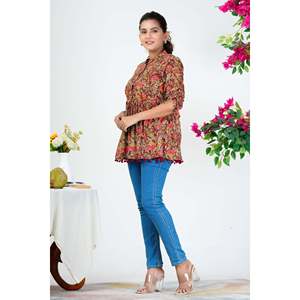 Blusa Peplum de Popelina Bordada con Flores Color Granate para Mujer, con Mangas 3/4, Talla Única, para Uso Casual y Festivo - Product Image 6
