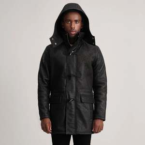<b>Men's</b> Distressed Black Leather <b>Duffle</b> <b>Coat</b> - Product Image 4