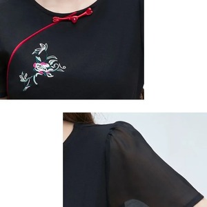 Vêtements pour femmes col rond été pull couleur unie plantes et fleurs brodé nœud T-shirt Style chinois tout match hauts - Product Image 5