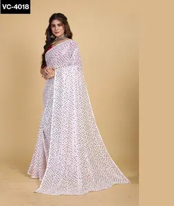 Saree en georgette indien avec belle séquence de fil et bordure de passepoil comprend un chemisier uni en soie mono - Product Image 1