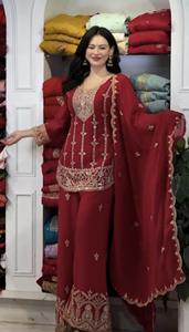 Costume palazzo en faux georgette lourd avec travail sur les deux côtés, devant et derrière, tenue de soirée, tenue pakistanaise, costume palazzo - Product Image 2