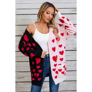 เสื้อคลุมคาร์ดิแกนลายหัวใจสองสีสไตล์ลำลองสำหรับฤดูใบไม้ร่วง แขนยาวครึ่งแขน ทำจากผ้าขนสัตว์และแคชเมียร์ ตกแต่งด้วยกระดุมแบบทอ - Product Image 2