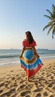 Robe de plage midi florale vibrante avec col en V, taille naturelle, colorée, style bohème estival, écologique, 100 % coton, lavable