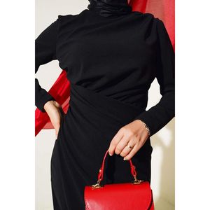 Vestido Negro con Detalle de Pliegues y Patrón Regular, Origen TR - Product Image 2