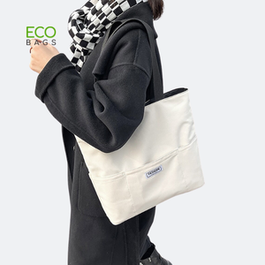 Bolsa de Mano Reutilizable Ecológica de Lona de Algodón de Color Natural, Diseño Multifuncional con Logotipo Personalizado y Patrón de Letras para Uso Promocional - Product Image 1