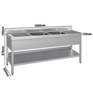 อ่างล้างจานสแตนเลสเชิงพาณิชย์ ECO - 2000x600 มม. - แบบสองหลุมตรงกลาง - พร้อมชั้นวางด้านล่าง - Product Image 2